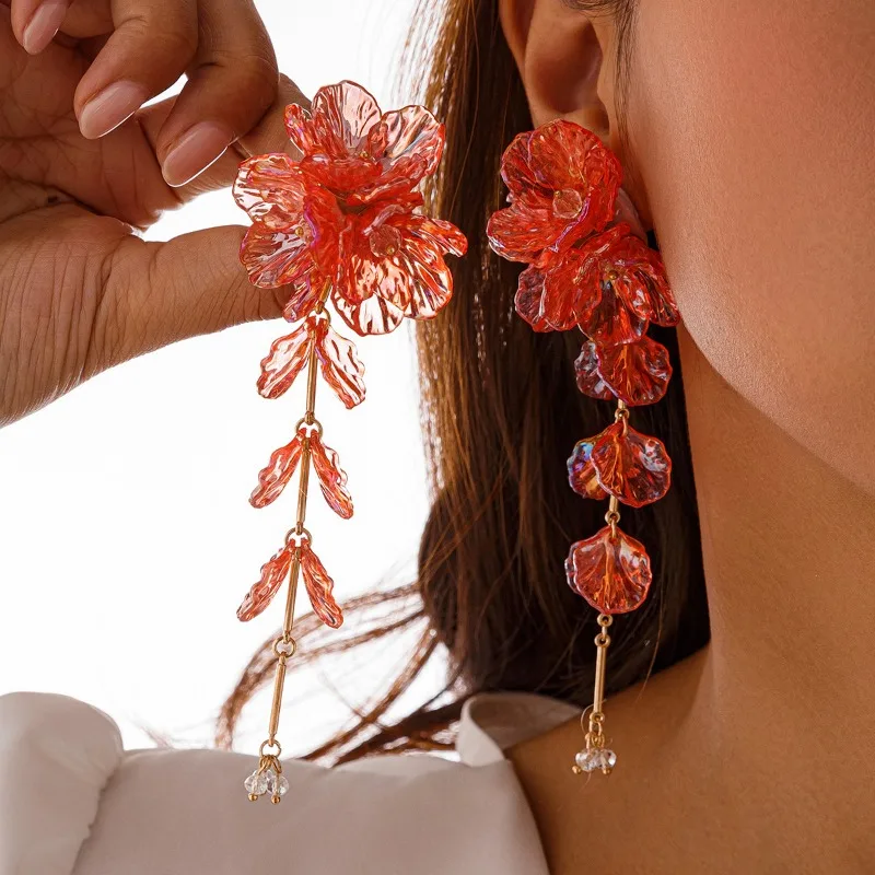 Colorful Flower Shaped Petal Tassel Pendants Earrings for Women Elegance Personality Exaggerated Fashion Holiday Jewelry New