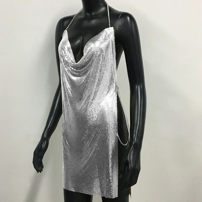 

Sexy Metal Long Dress For Women High Split Halter Backless Kylie Jenner Dress 2024 Hot Styles Party Gold Silver Summer Vestidos