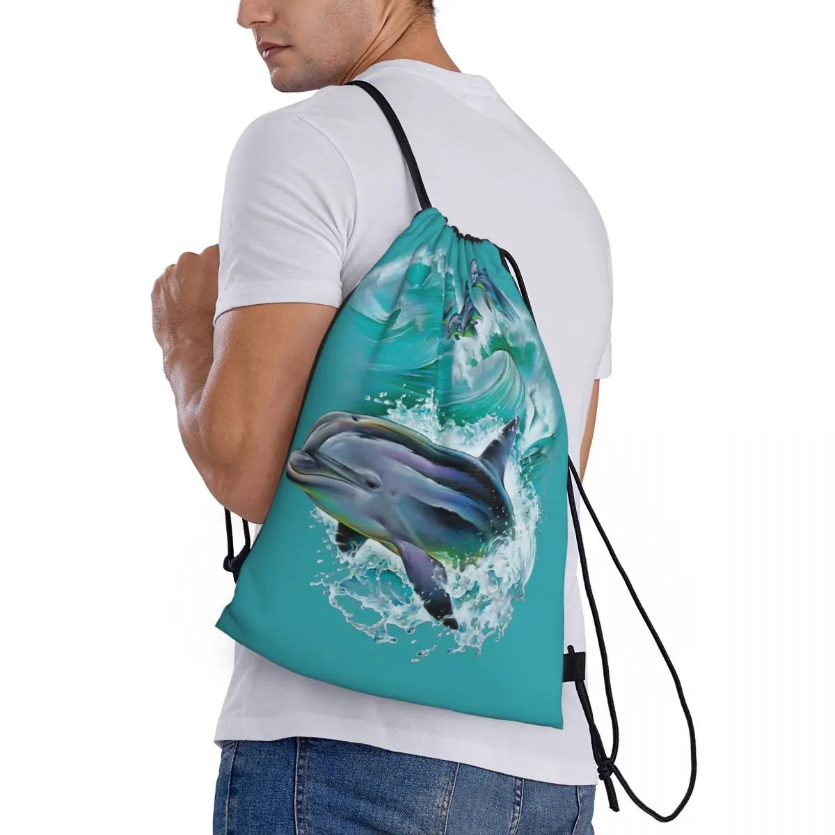 

Dolphins Catching Waves Backpacks Portable Drawstring Bags Sundries Bag Book Bags for Man Woman Students