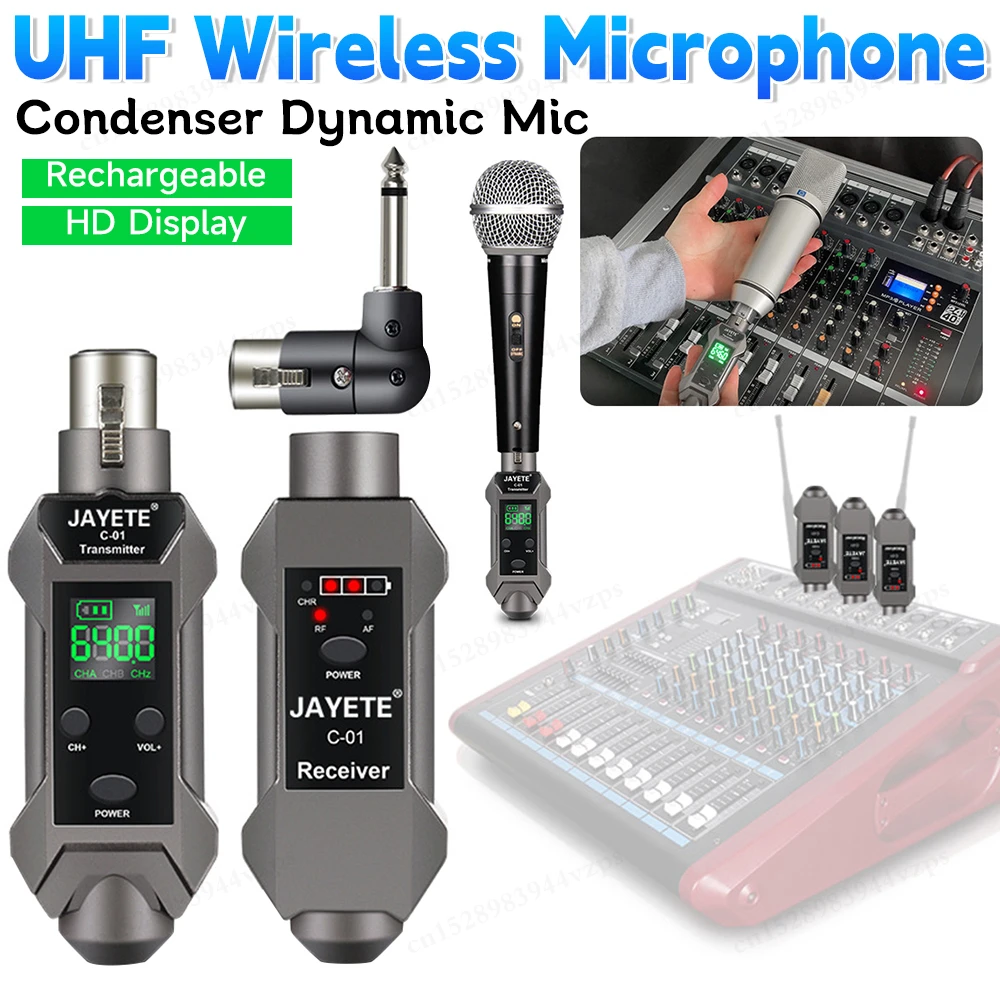 UHF Wireless Microphone Converter Plug Play HD Display XLR Mic Transmitter Receiver for Dynamic Microphone Transmission Adapter