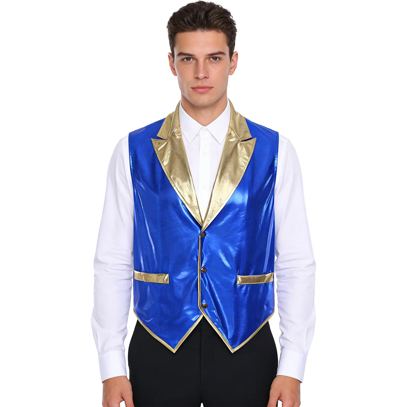 

Мужской блестящий жилет без рукавов с отложным воротником и асимметричным подолом для коктейльных вечеринок, банкетов и мероприятий, а также для ночных клубов и рейвов