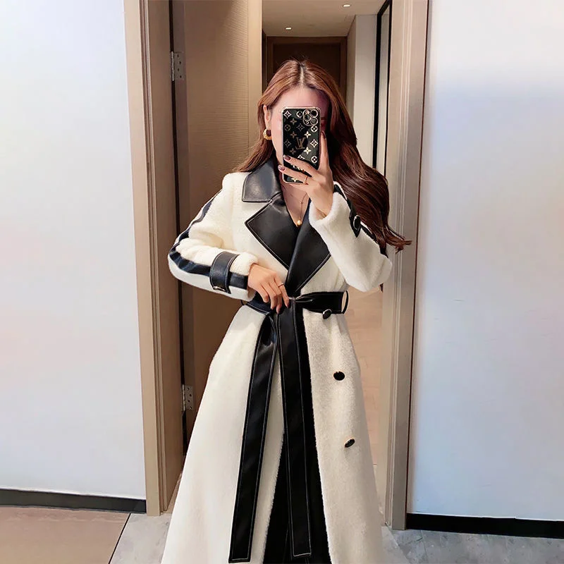 2024 Autumn And Winter New High-end Fashion Temperament Contrast Color Stitching Mid-length Women's Plush Woolen Coat Women