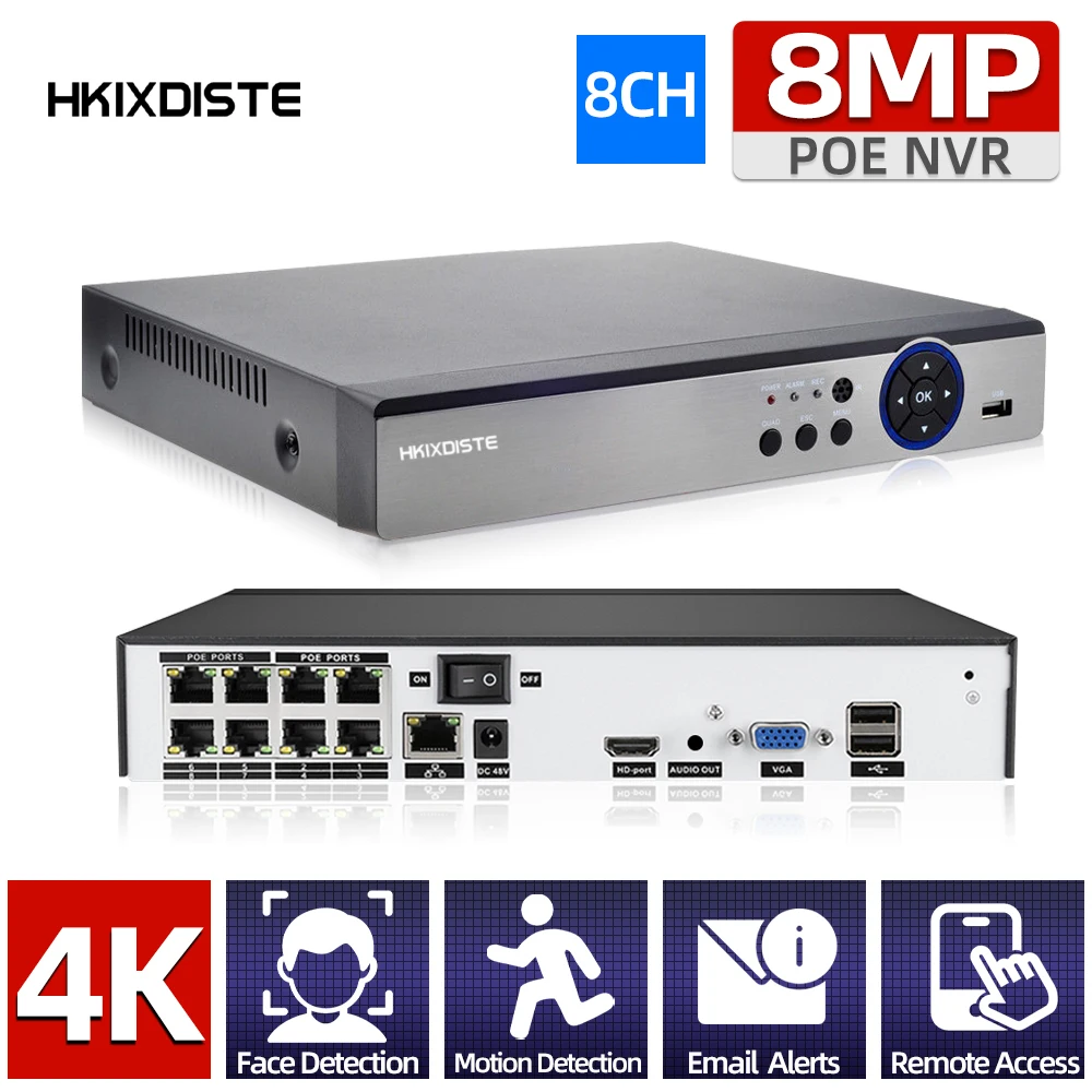 Hkixdispe H.265 4CH 8CH POE طقم NVR 4K الأمن IP كاميرا نظام NVR P2P CCTV مراقبة مُسجِّل الفيديو مجموعة دعم 5MP