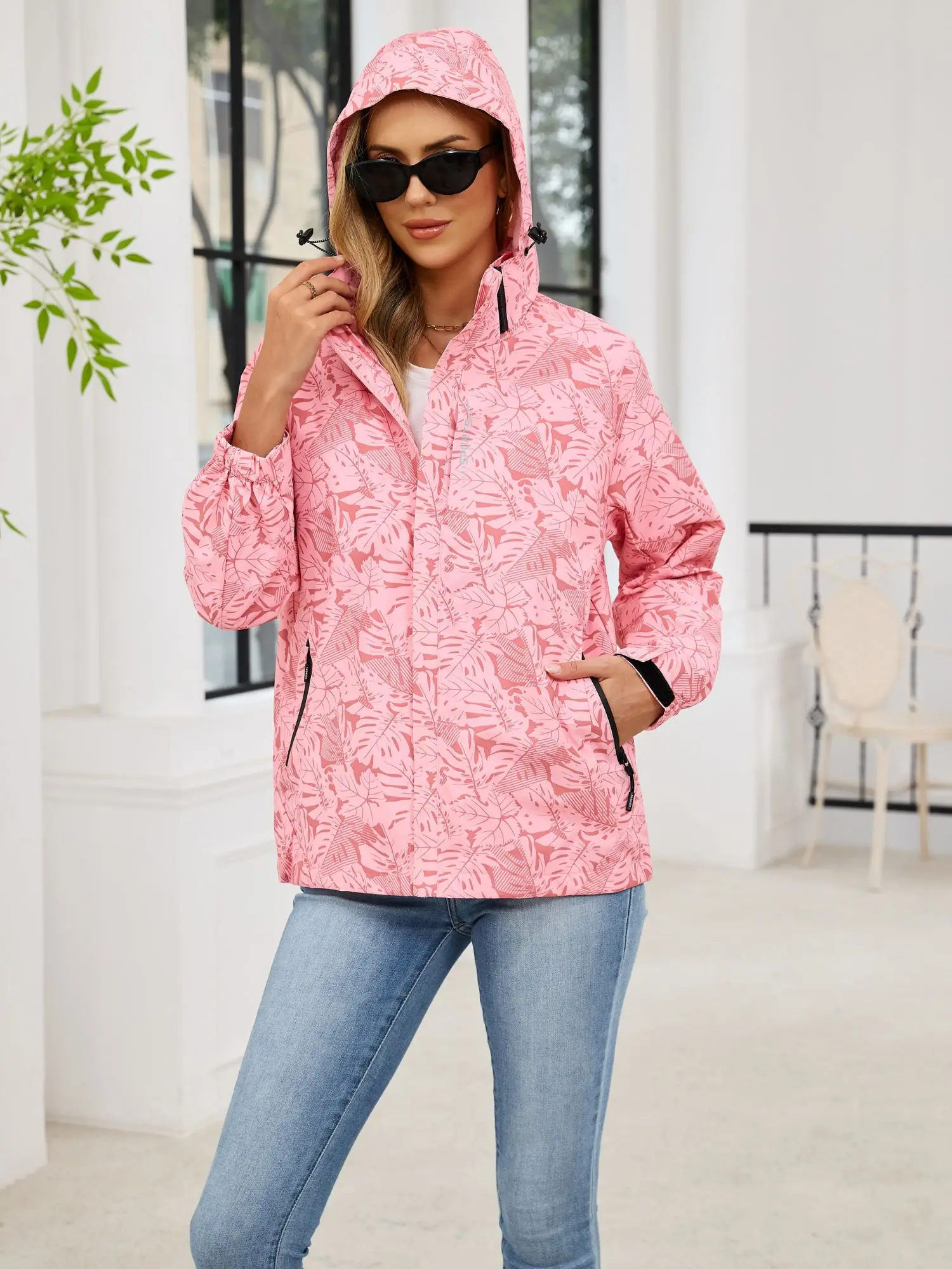 Women's Spring/Fall Windbreaker Jacket with Detachable Hood and Multiple Pockets for Hiking, Sports, and Cycling