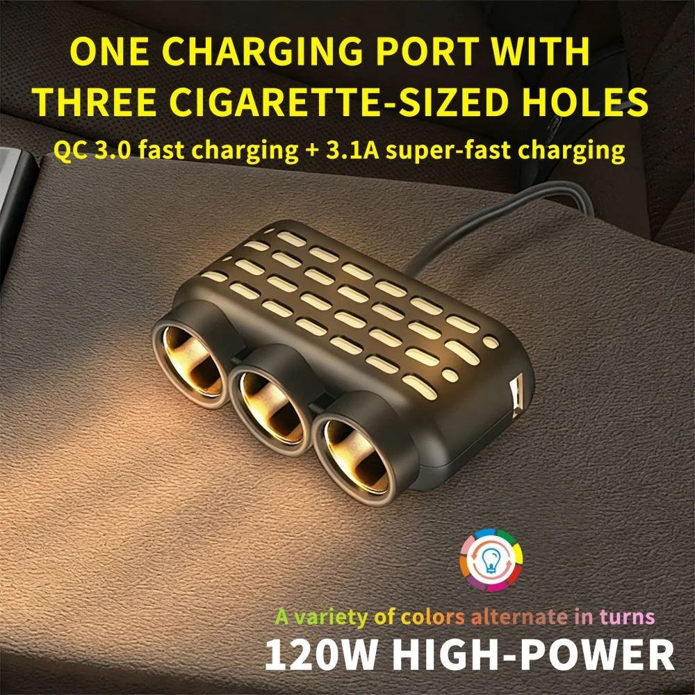 120W 3 In 1 USB Type C Socket Car Cigarette Lighter Splitter Adapter 12V 24V Fast Charge Phone Charger For Car DVR GPS Dashcam
