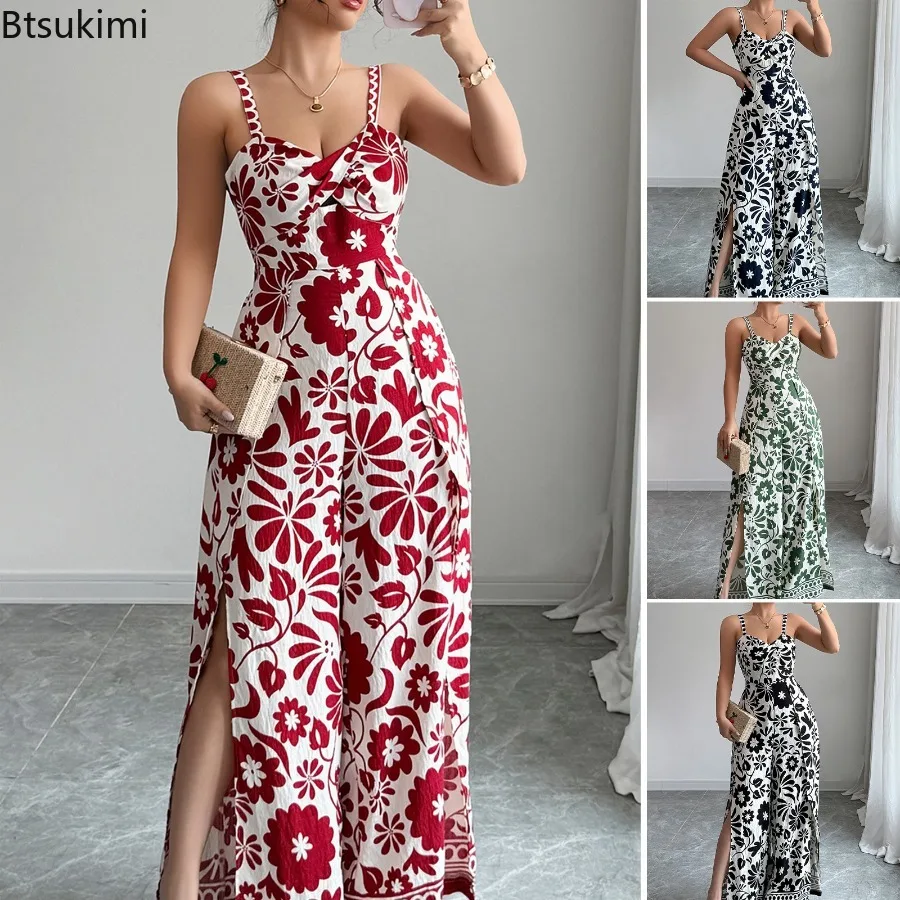 

2025 Spring and Summer New Elegant Twist Print Wide Leg Jumpsuit for Women Long Pants Small Strap Sleeveless One Piece Trousers