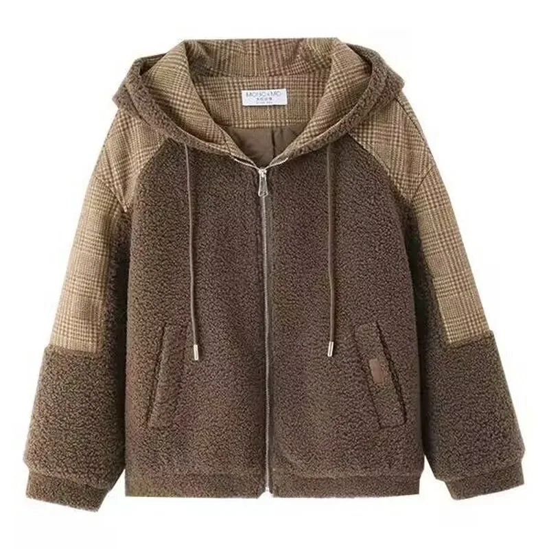 2023 Autumn/Winter Loose Plush Long Sleeve Zip Pocket Hooded Warm Coat for Women grid Fake Fur