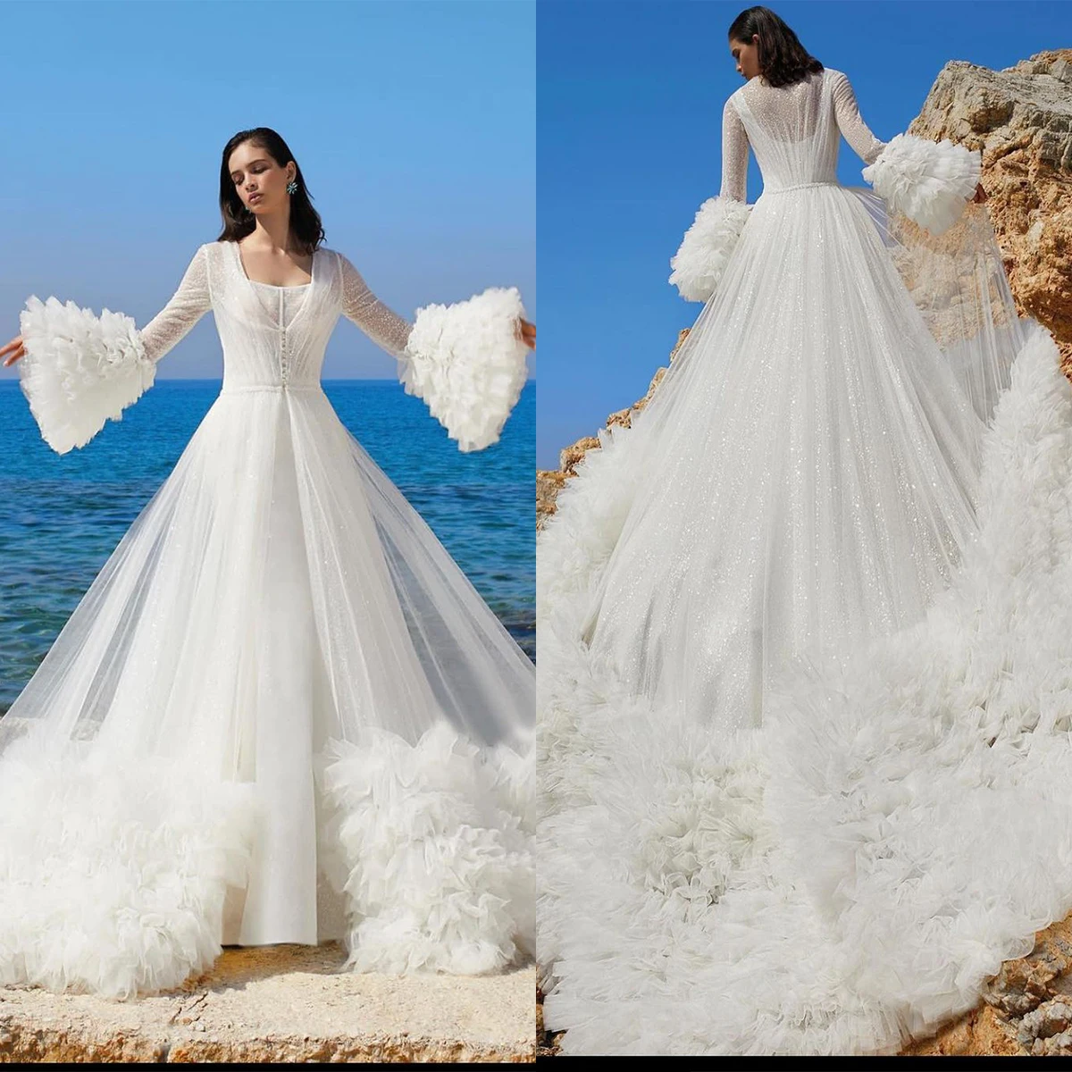 Elegante Brautkleider, Rüschen, Puffärmel, Tüll, Illusion, Brautkleider, nach Maß, Sweep-Zug, Robes De Mariée