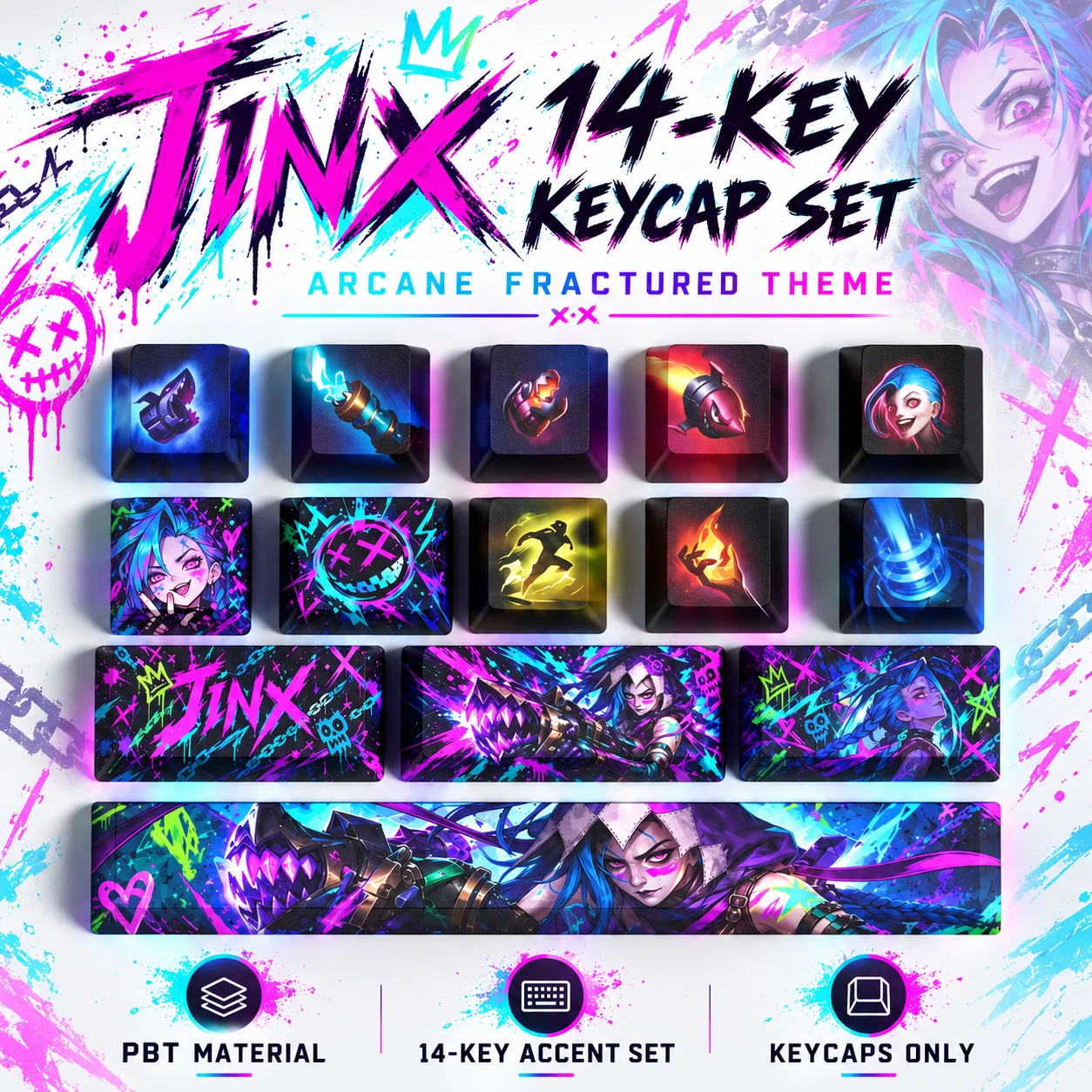 Jinx Arcane Fractured 14-Key Keycap Set PBT Dye-Sublimation Custom Keycaps OEM Cherry Profile for Mechanical Keyboard