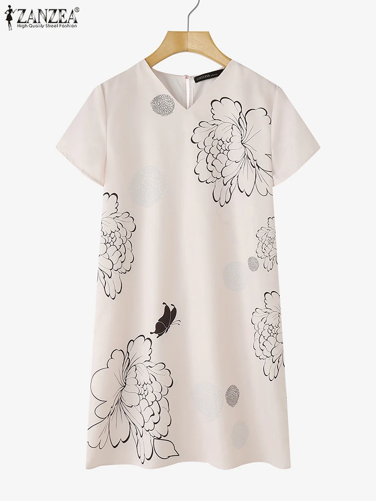 Abito elegante con stampa Abito estivo al ginocchio retrò Casual scollo a V Manica corta Abiti ZANZEA 2025 Abito da festa estivo oversize
