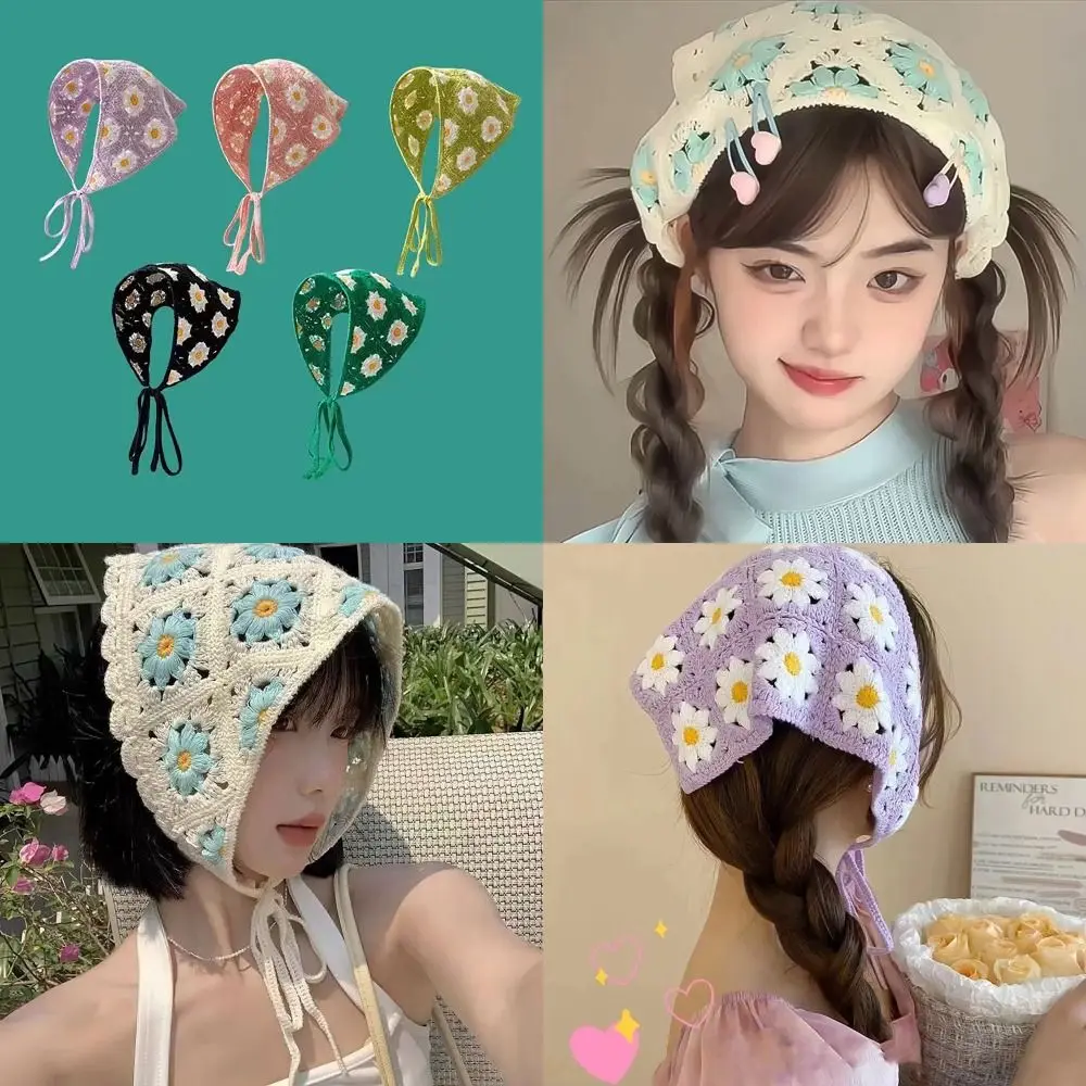 قبعة كروشيه مصنوعة يدويًا ، فرنسية ، نمط رعوي ، مثلث ، محبوكة ، زهرة ديزي ، فراولة
