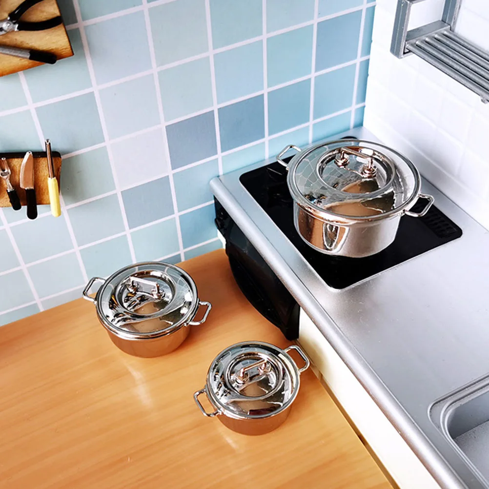 

3 Pcs Dollhouse Soup Pot Imitation Stock Cooking Game Play Food Kids Boiling Mini Toy Kitchen Stockpot