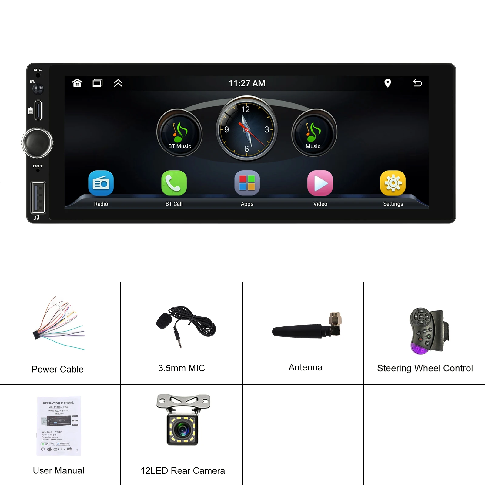 Leekooluu 1 Din 6.86 "Hd Universele Auto Mp5 Speler Bluetooth Fm Radio Ontvanger Draadloze Carplay Android Auto Multimedia Video Usb