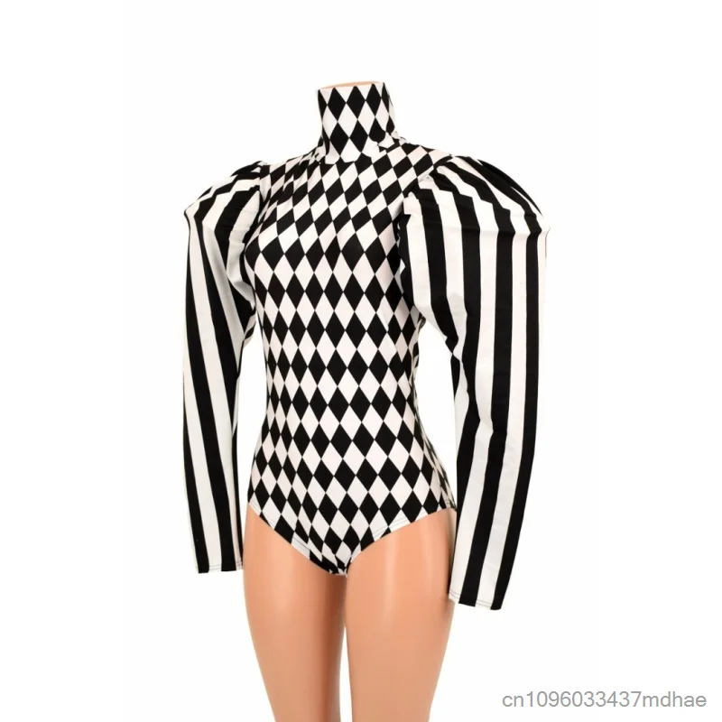 Circus Clown Cosplay Black White Rhombus Striped Puff Shoulder with Shoulder Pads For Club Party Punk Bodysuit Stage Performance view 4