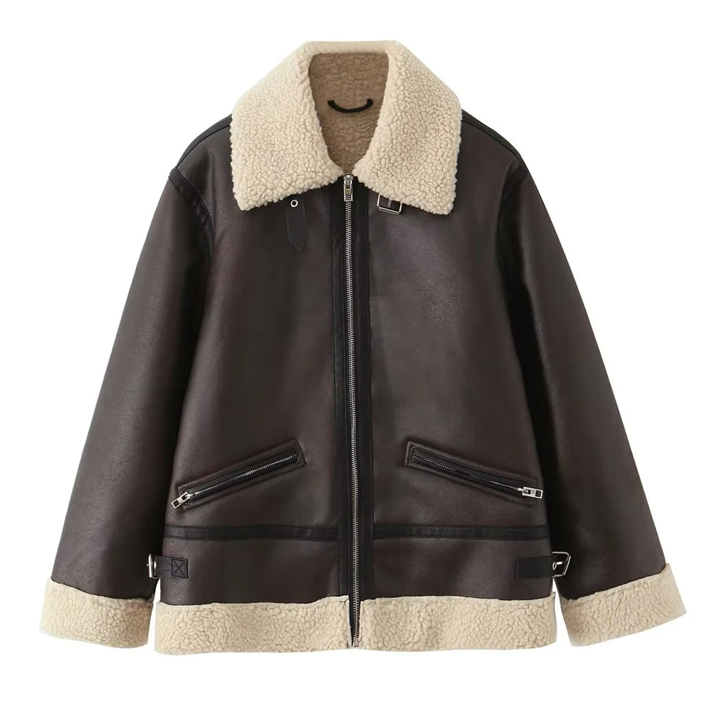 

Autumn new women's clothing retro fashion lapel long sleeved fur integrated lamb wool motorcycle suit warm jacket jacket