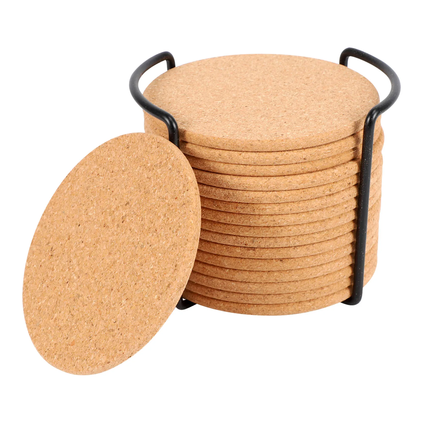 AT02-Natural Cork Coasters With Round 16Pc Set With Metal Holder Storage Caddy – 1/5Inch Thick, Absorbent, Eco-Friendly, Heat-Re