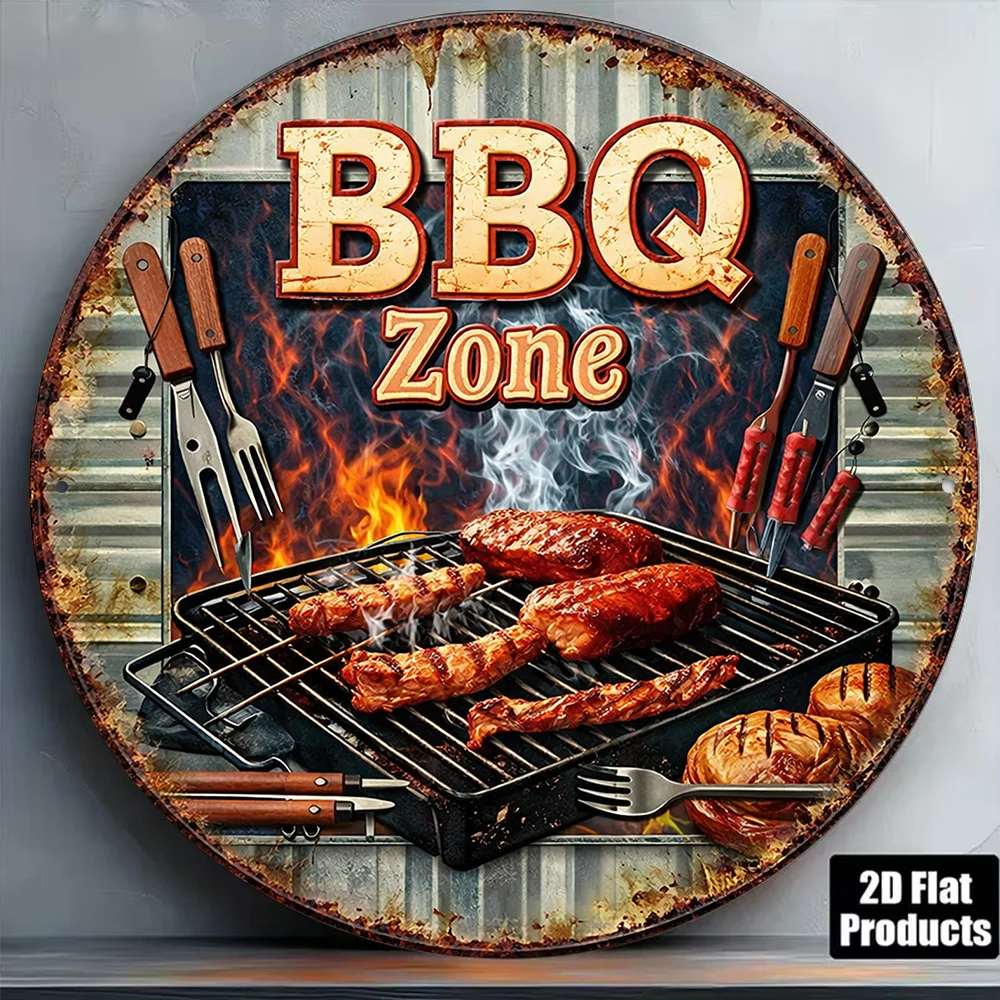 Retro BBQ Zone Round Aluminum Sign Barbecue Party Kitchen Outdoor Garden Patio Wall Decor Gift