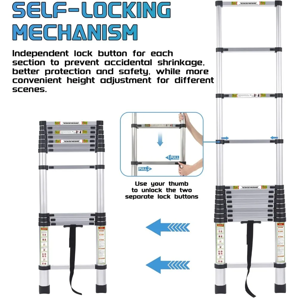 سلم تصغير من الألومنيوم عالي التحمل بطول 8.5 قدم، أقدام غير قابلة للانزلاق، سعة 330 رطل للمركبات الترفيهية والعثية والوصول إلى السقف والاستخدامات المتعددة