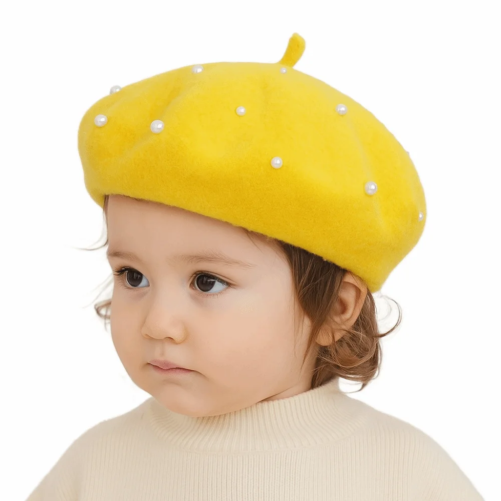 

Cute Pearl Children's Beret Woolen Solid Color Baby Wool Hat Thicken Korean Style Painter Hat Kid