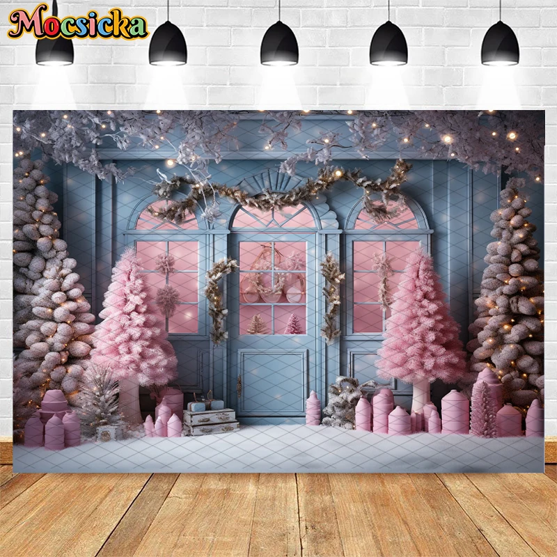 الغابات الحلو متجر عيد الميلاد الخلفيات الاطفال فتاة التصوير الدعائم الطفل الكبار الشتاء عيد الميلاد الوردي الثلجي مخزن الجبهة الخلفية