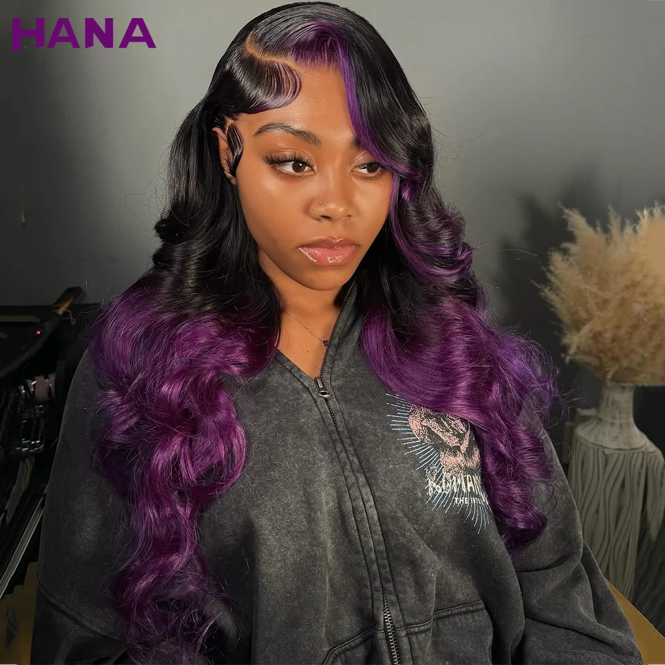 

Ombre Purple With Black Colored Body Wave 13x4 13x6 Lace Frontal Wig Pre-Plucked Remy 5x7 Lace Closure Human Hair Wavy Wigs