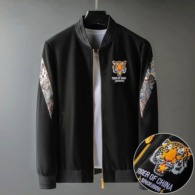 

high-end tiger European head embroidered jacket men's spring and autumn new PU leather jacket trend men's baseball collar coat