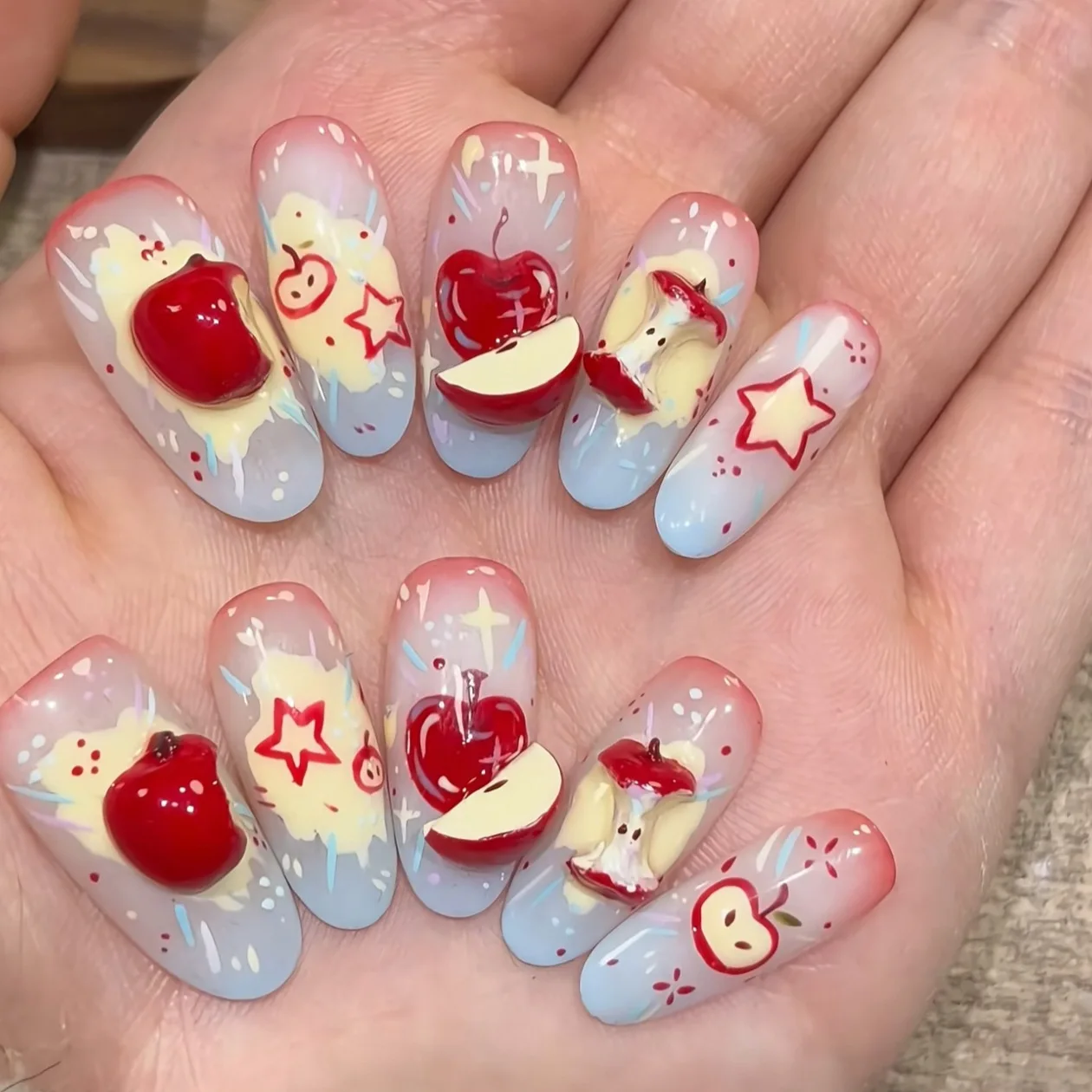 10pcs Handmade Gradient Press on Nails Dopamine Style 3D hand-painted Red Apple Fake Nails Wearable Ins Sweet Korean False Nails