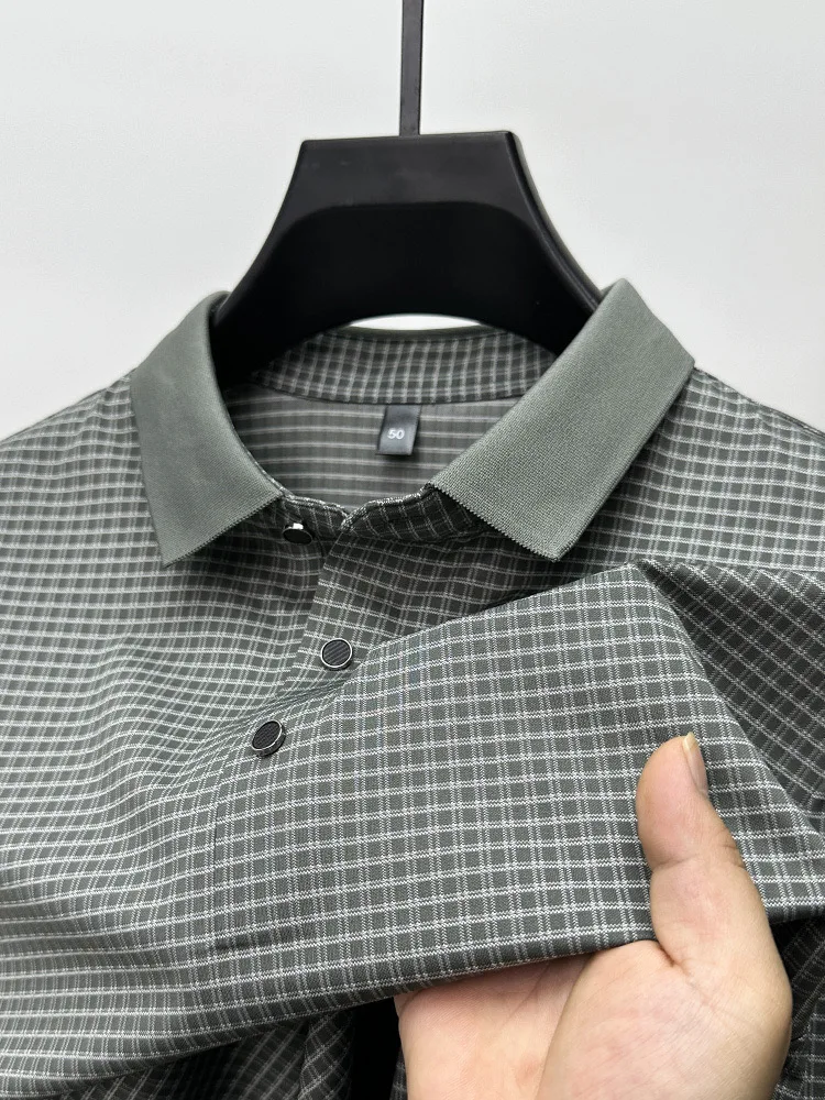 High quality short sleeve men's POLO shirt summer fashionable  youthful plaid high-end design breathable top ice silk T-shirt