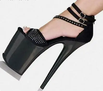 Sexy Black Stiletto High Heel Platform Sandals Rhinestone Ankle Strap Open Toe Extreme Heel Sandals Women Nightclub Party Shoes