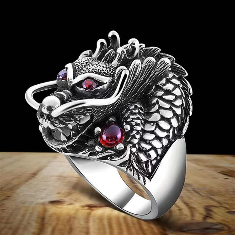 Dominante Dragon Head Ring Mannelijke Wijsvinger Accessoires Vintage Crystal Stone Relief Dragon Ring Mannelijke Sieraden