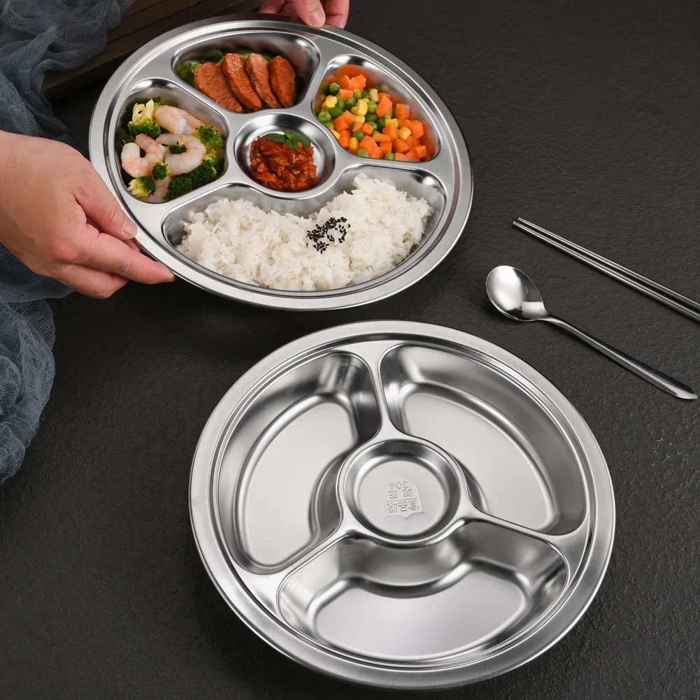Stainless Steel Dinner Plate 3 Sections Round Divided Dish Children Fruit Snack Tray Baby Bowls Kitchen Tableware