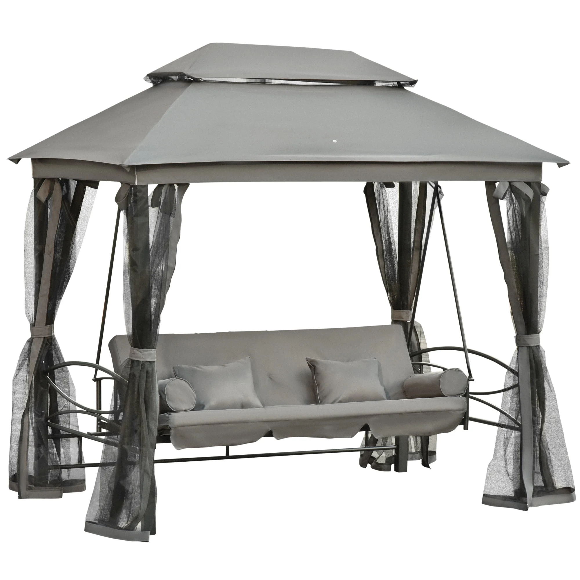 3 Person Patio Gazebo Swing Chair With Double Tier Canopy And Cushioned Seat And Mesh Sidewalls For Yard, Poolside Or Porch
