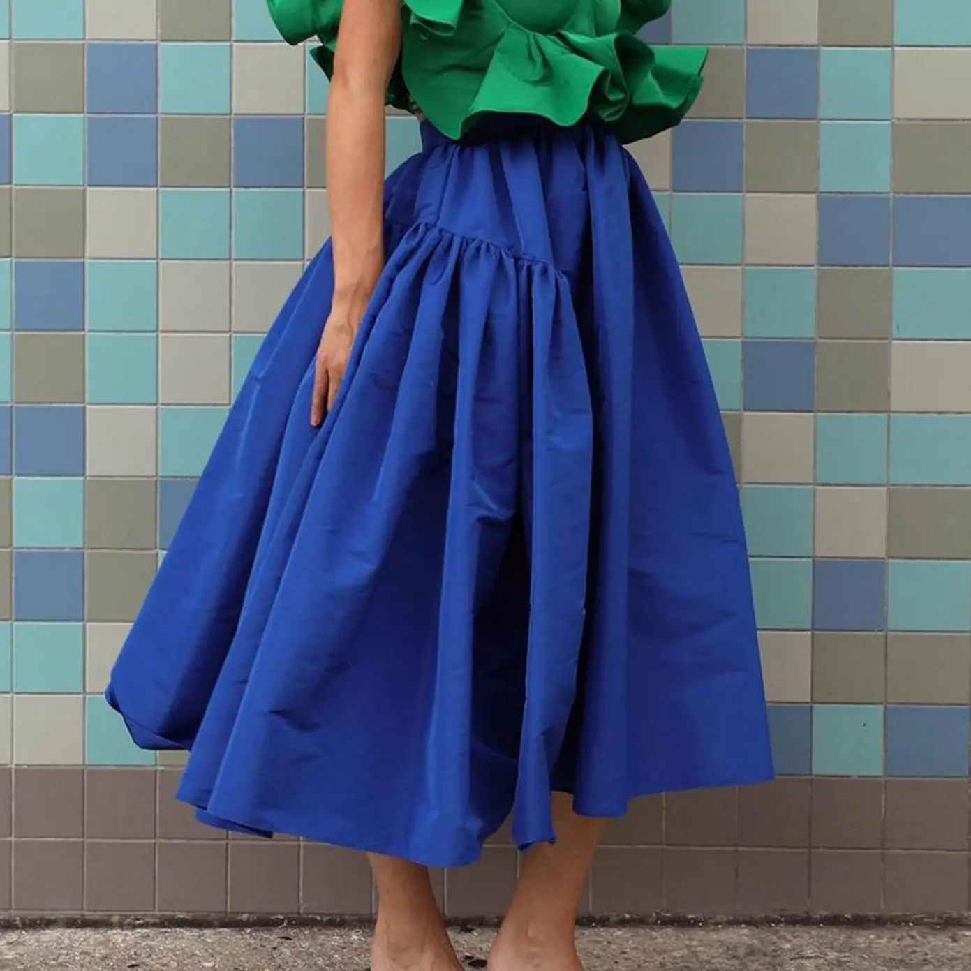 Royal Blue Serge spódnica elastyczny, wysoki spódniczka z wysokim stanem plisowana długa elegancka spódnica falbany A-Line spódnica z połowy łydki Couture spódnica damska