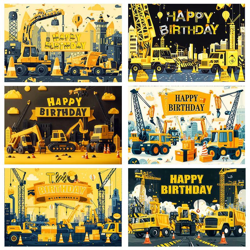 Birthday Backdrop Architecture Theme Background Banner Vibrant Yellow Excavator Design Truck Crane  Boy Customizable Decorations
