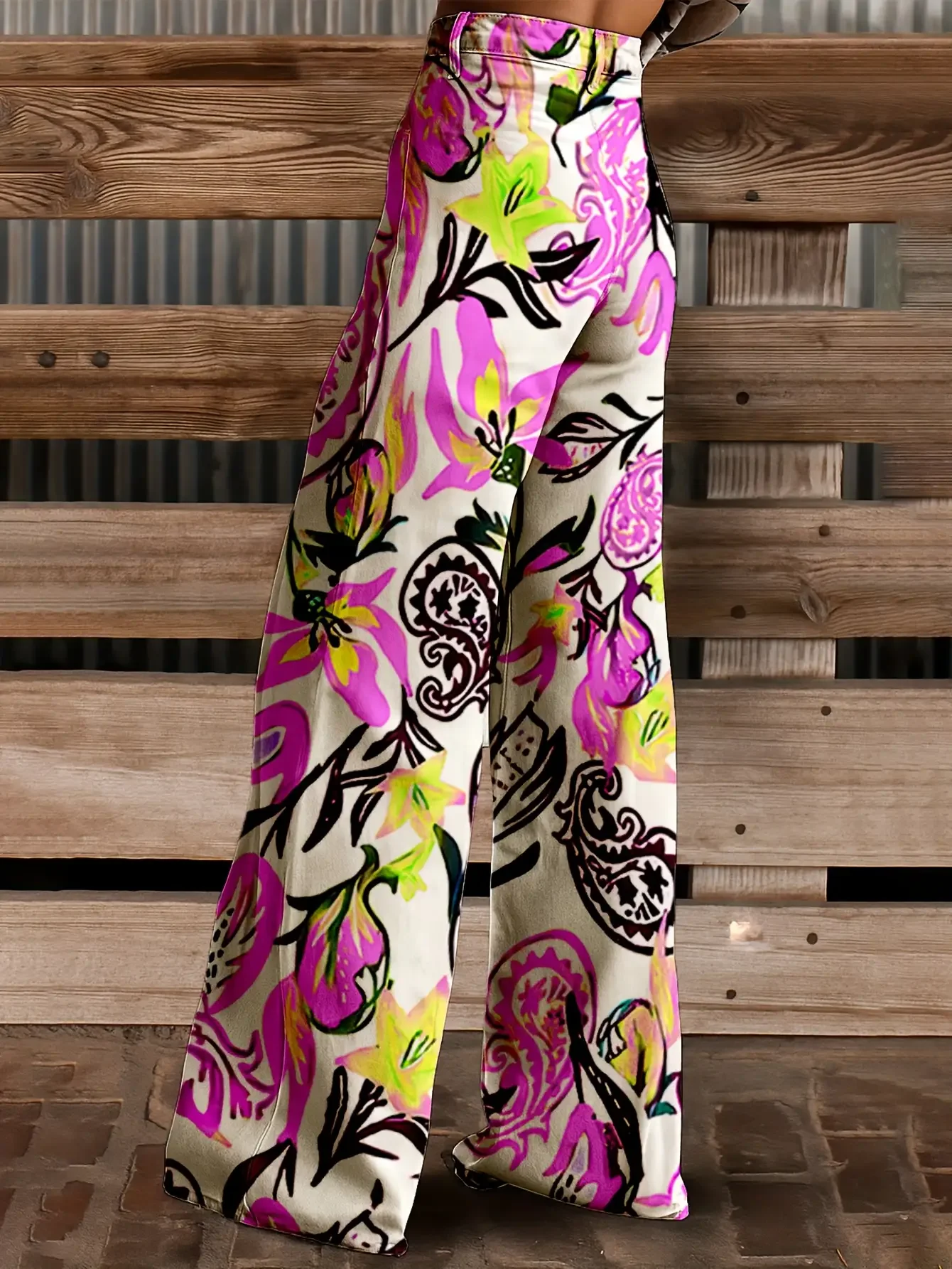 

Fashionable, romantic, elegant, floral print, loose flared imitation jeans, women's pants2026.