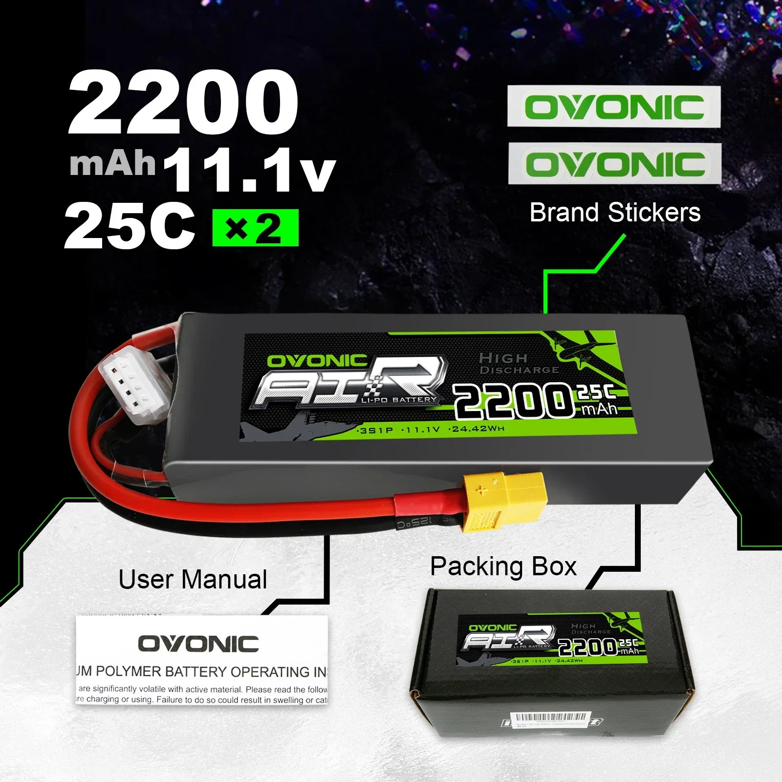 2PCS OVONIC LiPo Battery RC 2200mAh 3S 11.1V 25C Max 75C Battery Pack with XT60  Plug for Phantom FC40 Spare Walkera E22 RC