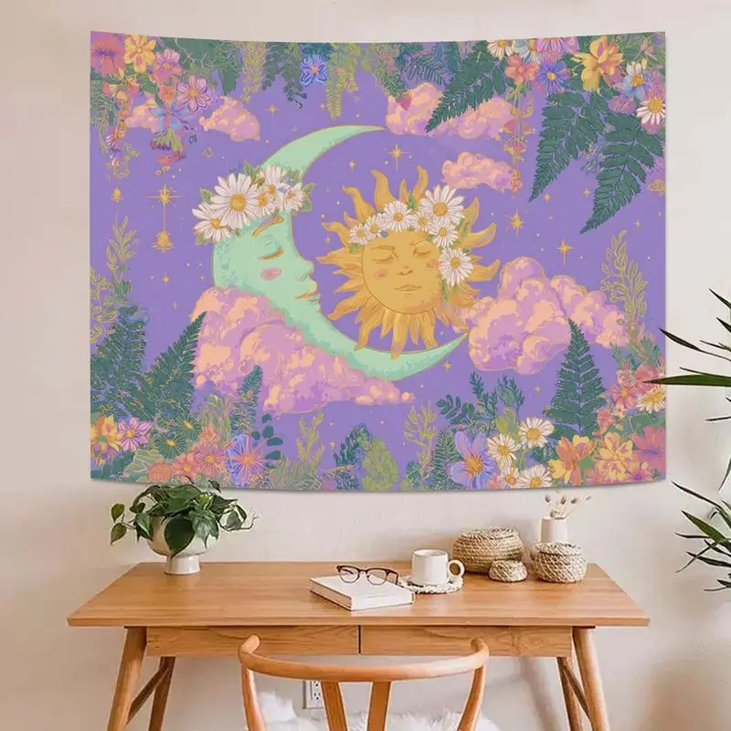 VIKAMA Bohemian Sun And Moon Tapestry, Purple Mysterious Aesthetic Wall-Mounted Backdrop Fabric, Home Decoration