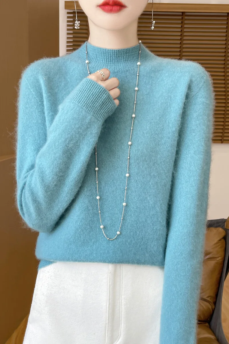 Autumn Winter Women 100% Merino Wool Sweater Mock Neck Solid Long Sleeve Pullover Loose Warm Casual Basic Knitwear Top