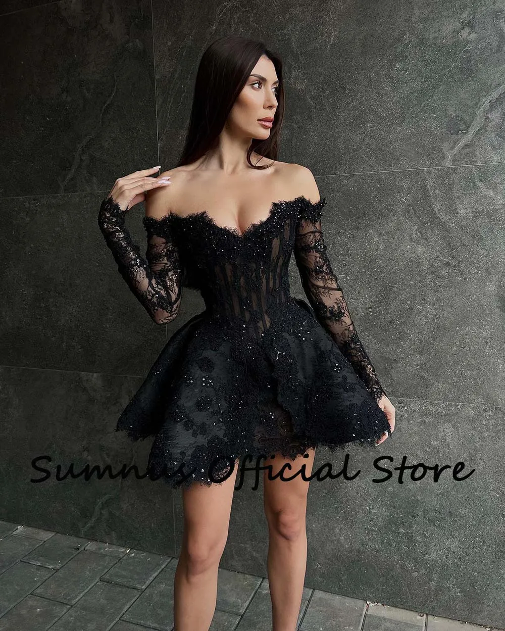 Sumnus Black Lace Sexy Short Party Dresses Off Shoulder Appliques Corset Long Sleeve A Line Prom Event Dress Mini Cocktail Gowns