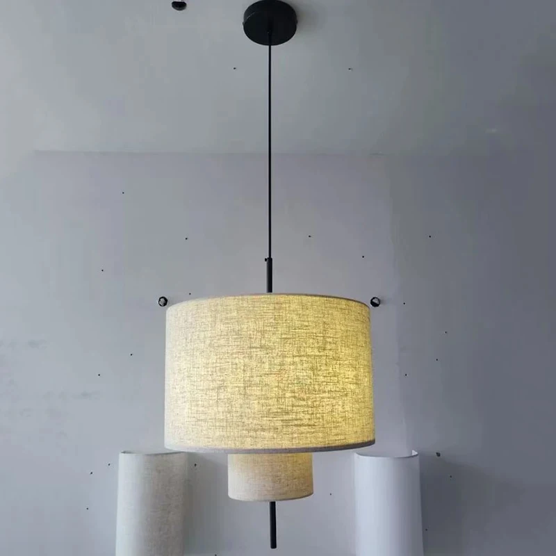 2-Tier Cylinder Linen Pendant Light Double Layer Fabric Shade Adjustable Hanging Lamp Dining Living Room Ceiling Lamp