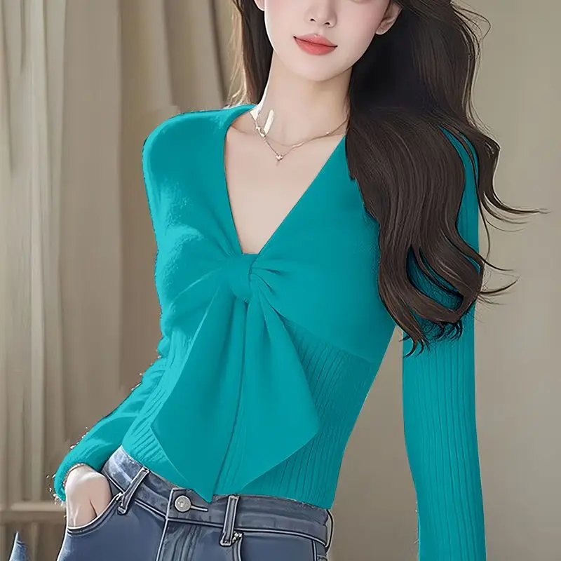 Autumn Winter Women\'s 2024 New Splicing Pullovers V-neck Sweater Fashion Solid Color Casual Versatile Long Sleeve Knitted Top