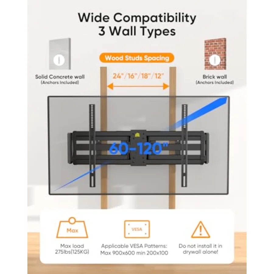 حامل تلفزيون عالي التحمل XXL لكامل الحركة لأجهزة تلفزيونات كبيرة جدًا مقاس 55120 بوصة 98 100 يحمل 275 رطلًا بحد أقصى VESA 900x600 42.9 تمديد Lo