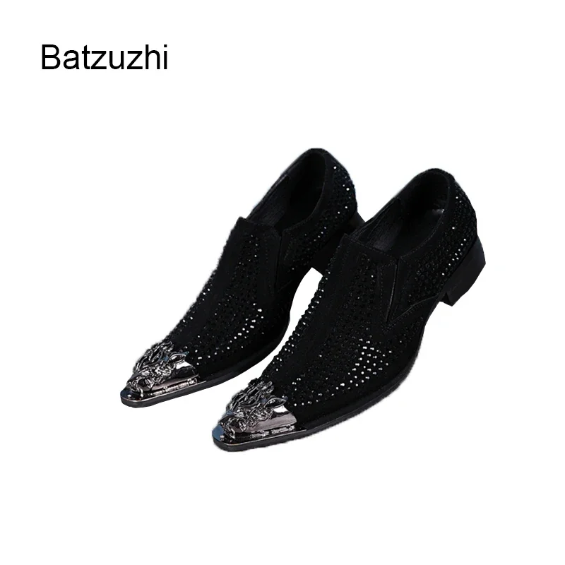 

Batzuzhi Men's Shoes Pointed Metal Tip Luxury Handmade Black/Red Rhinestone Leather Dress Shoes Men for Party and Wedding Shoes