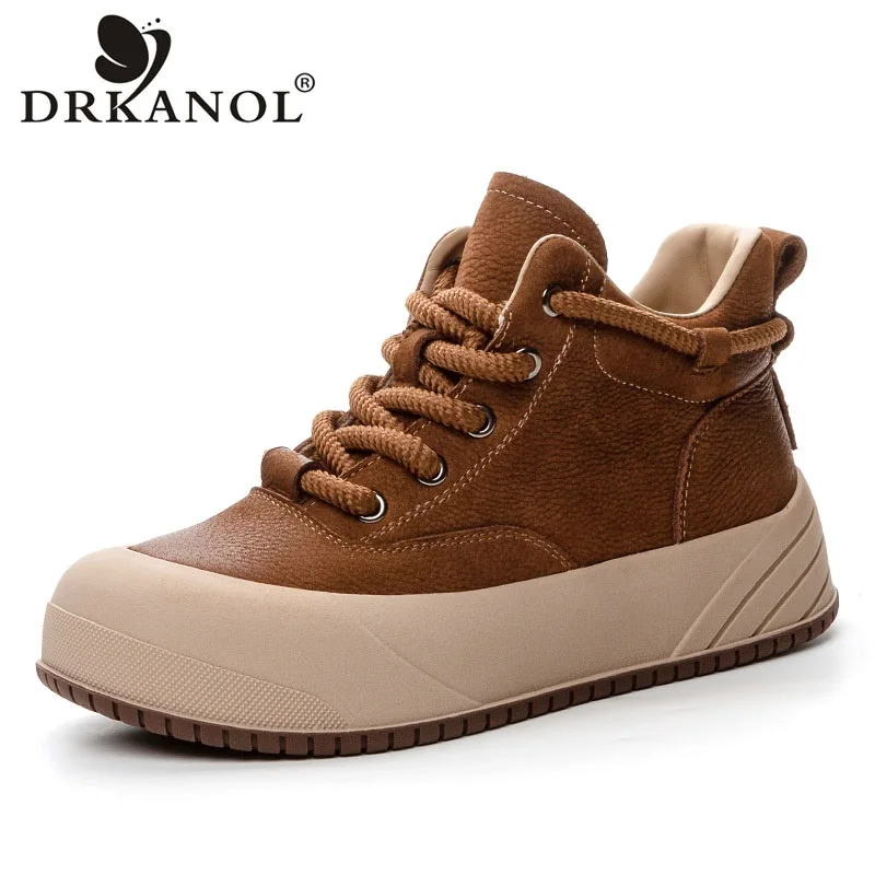 DRKANOL Fashion Flat Platform Ankle Boots For Women Genuine Leather Lace-Up Casual Short Boots Lady Comfort High Top Board Shoes