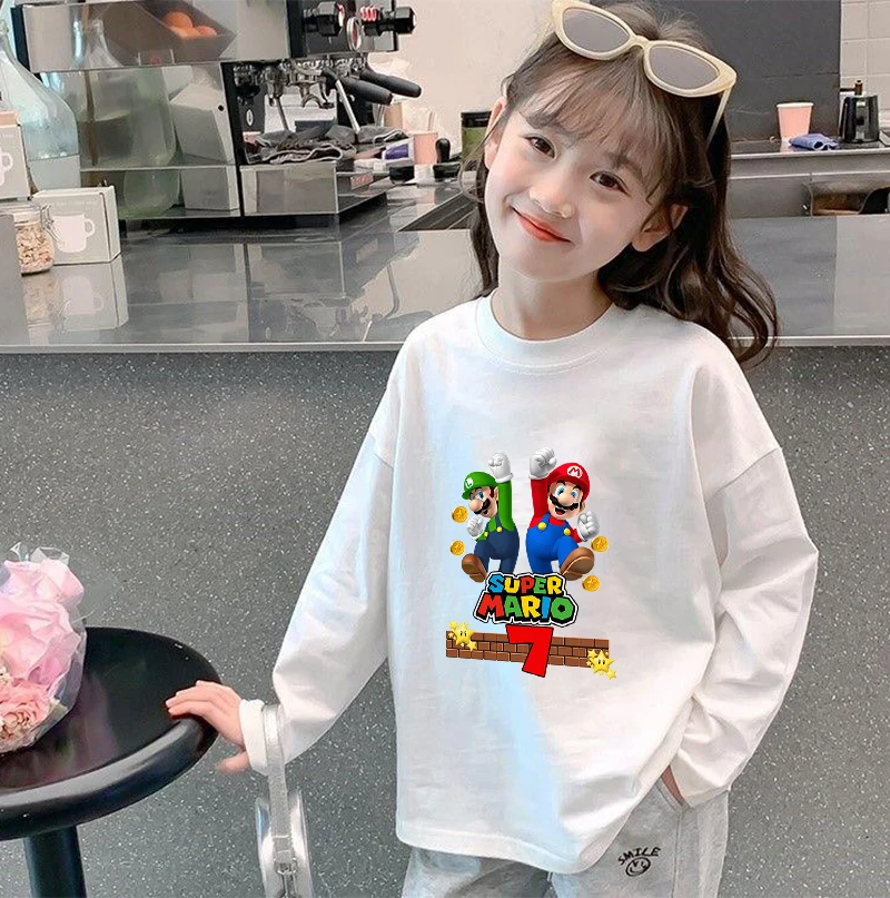

Super Marios Bro Long Sleeve T-shirt Anime Number 1-9 Tee Boys Girl Birthday Party Supplies Clothes Cotton Tops Base Layer Shirt