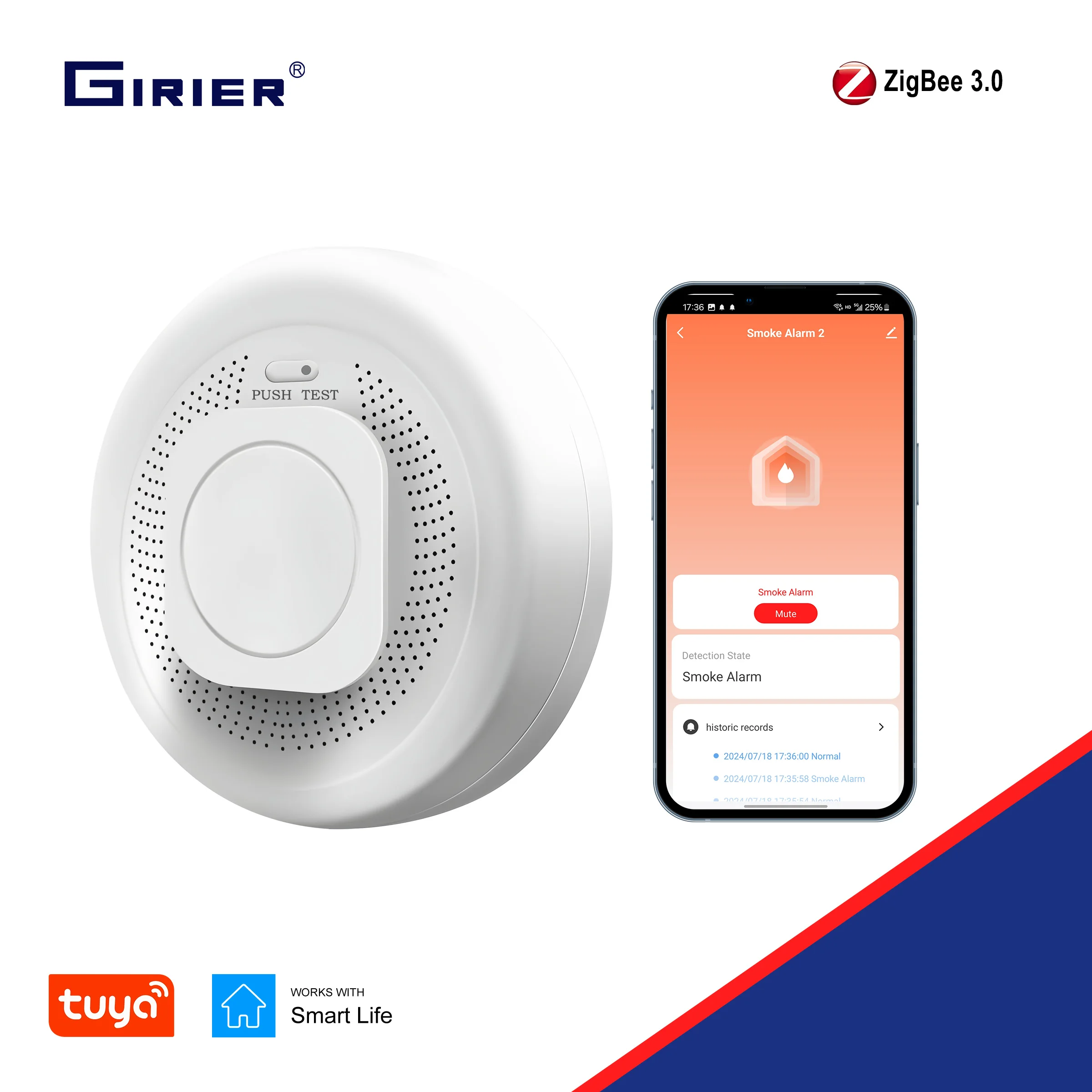 

GIRIER Tuya ZigBee Smoke Detector Wireless Smart Fire Alarm Sensor Supports APP Instant Notification 85 dB Alarm Battery Powered