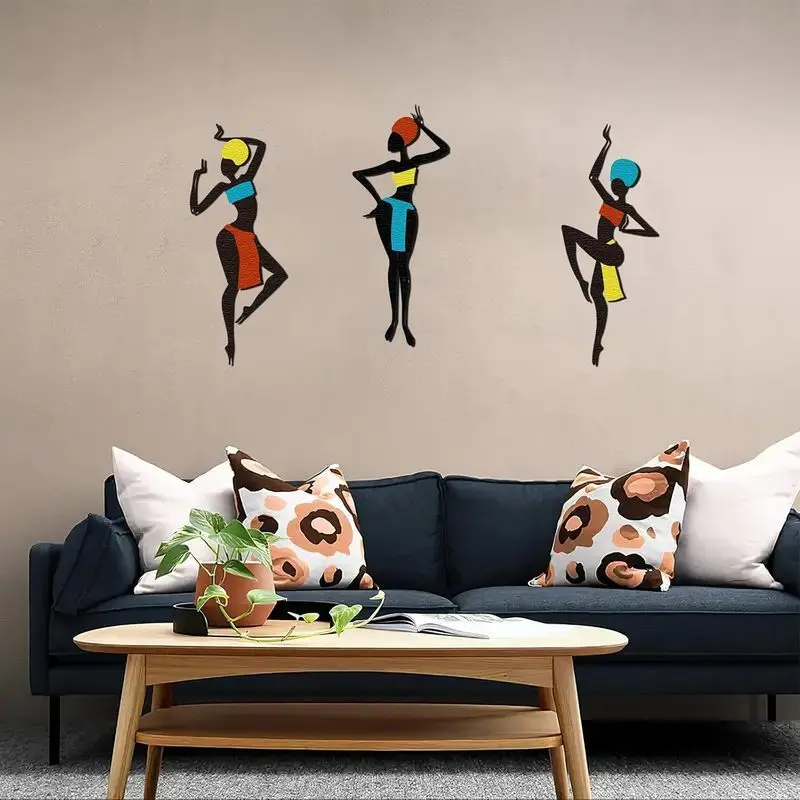 3 Pieces of African Metal Wall Art - Ethnic Dance Style Silhouette Art, Maximalist Hanging Decoration, Unique Wall Sculpture Gift, Geometric Patterns, Iron Material, Horizontal Orientation, Suitable for Living Room, Christmas Decoration