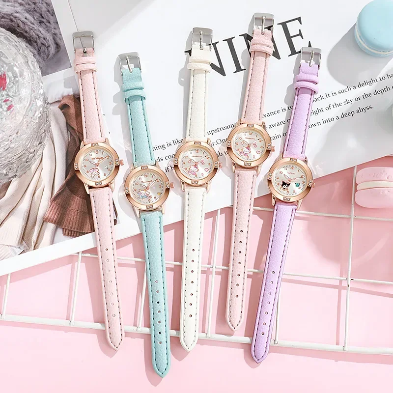 Sanrio Hello Kitty Quartz Wristwatch Cartoon Anime Children Watch Girls Students Leather Strap Watches Clocks Fashion Party Gift