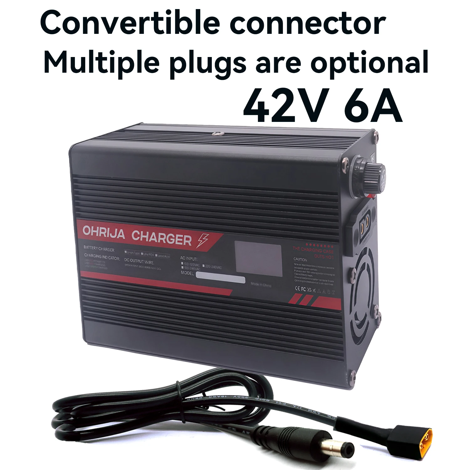 

42V 6A Lithium Battery Fast Charger for 10S 37V OLED Display & Interchangeable Connector Fast stabilization with cooling fan