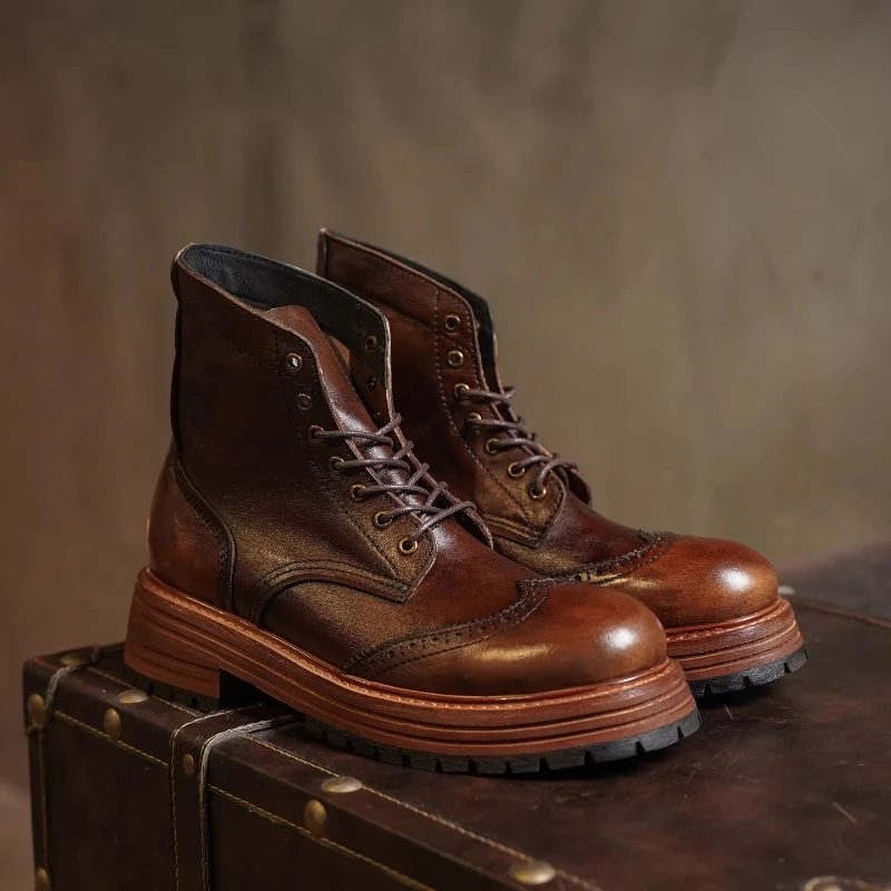 Men's Genuine Leather Motorcycle Boots Carving Brogue Shoes British High-top Loafers Mid-calf Thick Heel Western Chelsae Boots
